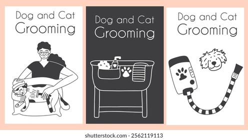 Dog and cat grooming vector design posters set. Caring for the domestic animals. Pet grooming. 