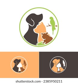 Dog, cat, guinea pig, parrot bird, animal logo for veterinary, rescue, pet care services symbol design