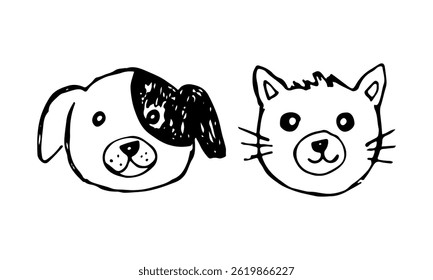 Dog and cat head cute face, hand-drawn animal pet vector cartoon.