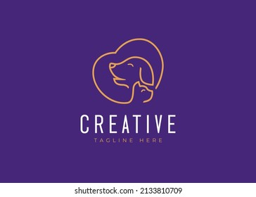 Dog and Cat Head Forming a Love Logo Line Art Design Template