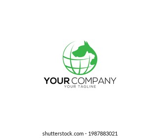 DOG and CAT heads with world vector Pet Shop logo design template.