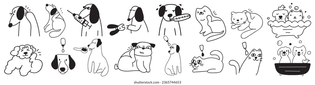 Perro y gato. Salud de los animales domésticos. Lo mejor para la clínica de mascotas. Iconos de contorno. Ilustraciones vectoriales dibujadas a mano.