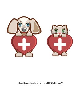 Dog and cat with a heart. Dog and cat keeps red heart. Vector illustration. Isolated on white.