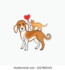 Dog and cat with hearts vector graphic illustration