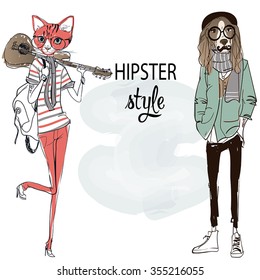 dog and cat hipsters characters