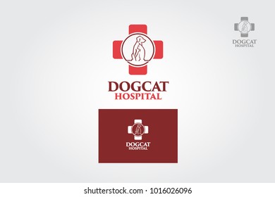 Dog Cat Hospital Vector Logo Template. Vector logo style silhouette cross incorporate with dog and cat. It's good for pet shop, pet house, clinic, care, or other pet activity.