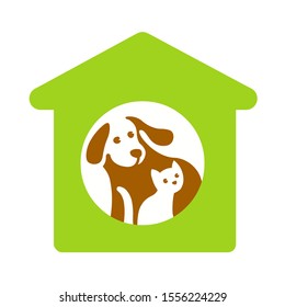 Dog and cat in house on white. Home Pet logo