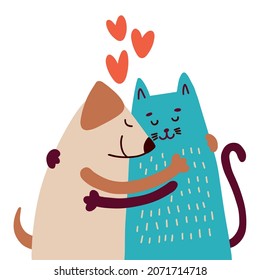 Perro y gato abrazan con amor