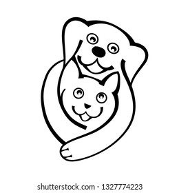 Dog and cat hug together with love, for animal lover, veterinary clinics and animal shelters homeless, logo vector illustration on white background.