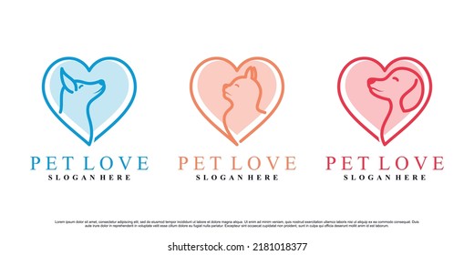 Diseño del logotipo del conjunto de iconos de perro y gato para el cuidado de mascotas con concepto de elemento de amor Vector Premium