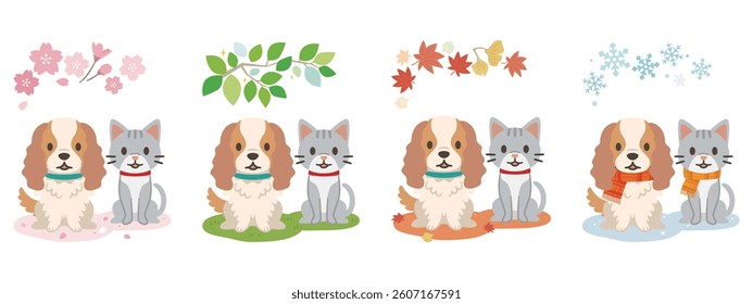 Dog and cat illustrations, spring, summer, autumn and winter, simple vector illustration
