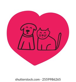 Dog and cat inside a big red heart. Concept for Valentine's day or animal shelter. Illustration on white background.