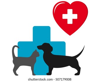 dog and cat isolated veterinary icon with red heart and animal pet on blue medical cross silhouette