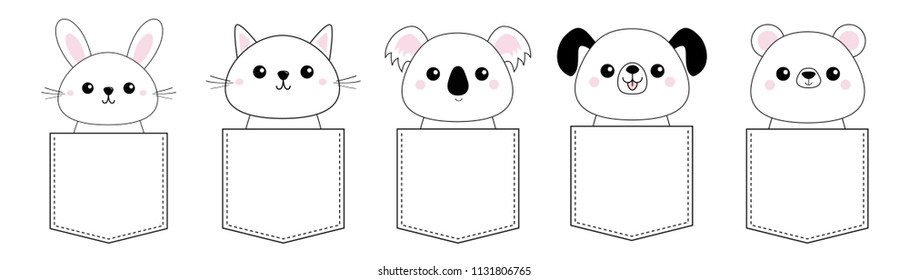 Dog, cat kitten, bear, rabbit, hare, grizzly, koala head face pocket set. Doodle linear sketch. Pink cheeks. Cute cartoon character. T-shirt design. Pet animal collection Baby background. Flat Vector