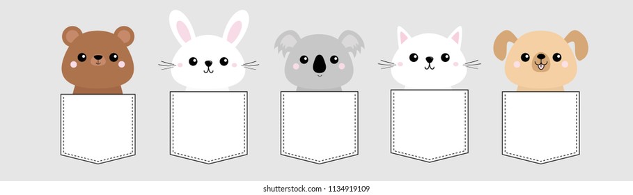 Dog, cat kitten, bear, rabbit, hare, grizzly, koala head face pocket set. Pink cheeks. Cute cartoon character. T-shirt design. Pet animal collection Baby background. Flat design Vector illustration