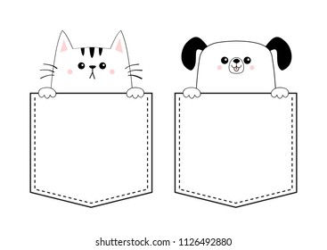 Dog cat kitten puppy set in the pocket holding paw hands. Doodle contour linear sketch. Cute cartoon animals. Dash line. Pet animal. White and black color. T-shirt design. Baby background. Flat Vector