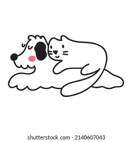Dog and cat lay together. Best friends. Outline hand drawn vector illustration.