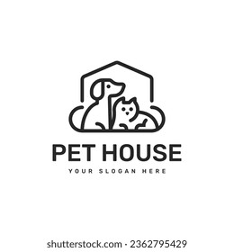 Dog and cat line style logo concept. Pet house vector logo. Dog and cat illustration for pet shop, pet hotel or veterinarian clinic design. Pets logo