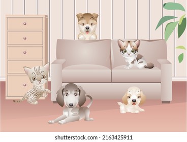 A dog and a cat live together in a house under the affection of their owners.vector illustration
