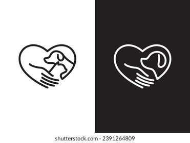 diseño del logo de perro y gato. amor cuidado de mascotas estilo lineal blanco símbolo de la ilustración vectorial.