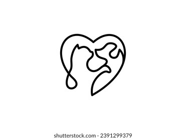 dog and cat logo design. love pet care white concept element. linear style symbol vector illustration.