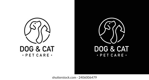 Dog and Cat Logo Design. Modern Pet Care Logo with Outline Lineart Minimalist Style. Icon Symbol Vector Design Template.