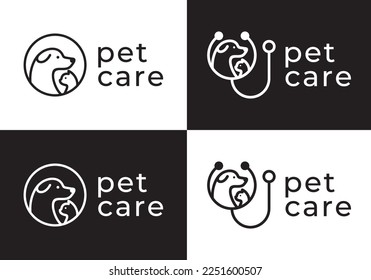 dog and cat logo design. pet care white stethoscope concept element. linear style symbol vector illustration.