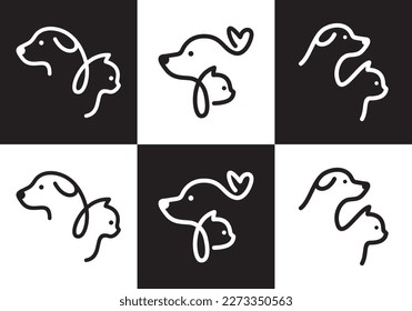 diseño del logo de perro y gato. ilustración vectorial del símbolo del concepto de estilo lineal blanco para mascotas.