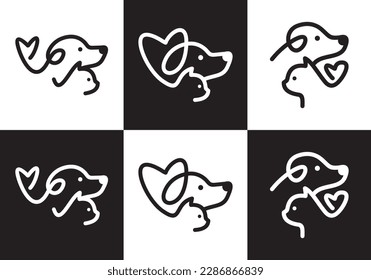 dog and cat logo design. pet care white linear style concept element symbol vector illustration.