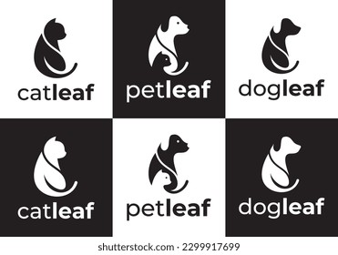 dog and cat logo design. pet care white leaf linear style concept element symbol vector illustration.