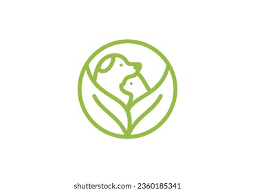 dog and cat logo design. pet care white leaf linear style concept element symbol vector illustration.