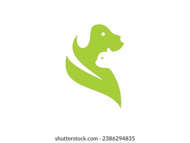 dog and cat logo design. pet care white leaf linear style concept element symbol vector illustration.