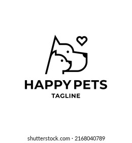 Dog and cat logo design template. Animal heads illustration label isolated on background. Happy pets logotype, sign and symbol. Modern line badge for veterinary clinic, pet food, brand, etc
