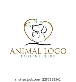 Dog and Cat logo design template. Graphic sitting puppy logotype, sign and symbol. Pet silhouette label illustration isolated on background. Modern animal badge for veterinary clinic - Vector See Less