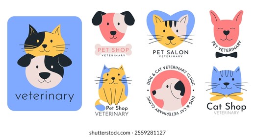 Dog cat logo. Icon set, cute funny animal, pet shop. Sign house friends. Mascot of veterinary clinic, hospital vet, puppy care, grooming salon. Vector flat design garish symbol isolated illustration