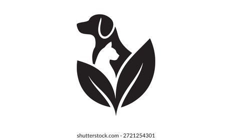 Dog and Cat Logo with Leaves, Simple Design, White Background