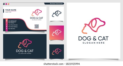 Logotipo de perro y gato estilo moderno de arte de gradiente y plantilla de diseño de tarjeta de negocios Vector Premium