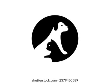 dog with cat logo, pet care in circle shape abstract modern vector design
