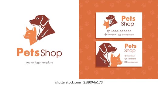 Dog cat logo. Pet shop vector logo template, seamless pattern and business card template.