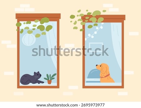 Dog and cat look into windows of neighboring apartments. Pets were left home alone. Residential building facade. Puppy and kitten on home windowsill. Owner waiting. Animal loneliness. Vector concept