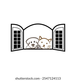 Dog And Cat Looking Out Window 