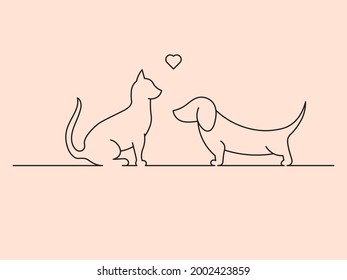 Dog and cat love. Line design, header element. Vector illustration, editable strokes. 