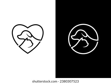 dog cat and love logo design. pet care concept elements. linear style symbol vector illustration.