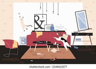 Dog and cat making chaos and mess at home. Cute kitten jumping after butterfly, puppy playing among broken interior damaged furniture flat vector illustration. Messy house, naughty pets concept