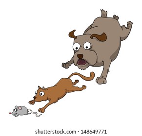 Dog cat and mouse chasing together, vector illustration