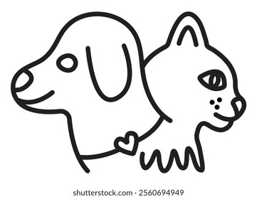 Dog and cat muzzles in profiles, black line sign, editable stroke, simple vector monochrome pictogram, outline illustration