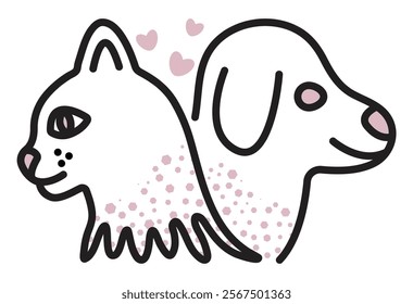 Dog and cat muzzles in profiles, black line sign with pink elements, simple vector pictogram, outline illustration