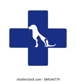 dog and cat on a background of blue cross