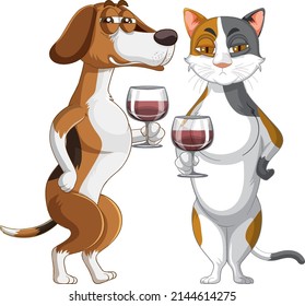 Ein Hund und eine Katze, die Wein auf weißem Hintergrund trinkt