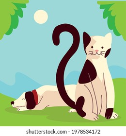 dog and cat on grass cartoon
